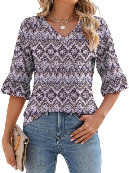 Womens 3/4 Length Sleeve V-Neck Eyelet Casual Ruffle Sleeve Tunic Blouses