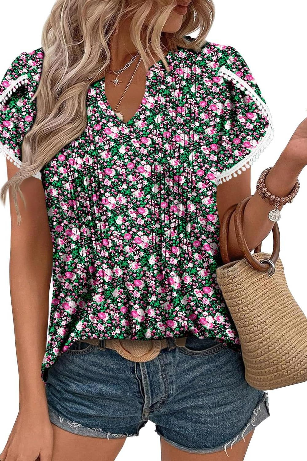 Women's Cute Fringe Cuff Casual Short Sleeve Printed Tops