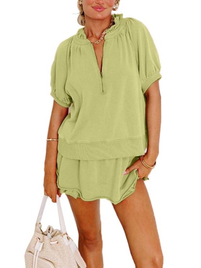 Women’s Puff Sleeve V-Neck Top and Ruffle Hem Skort Set