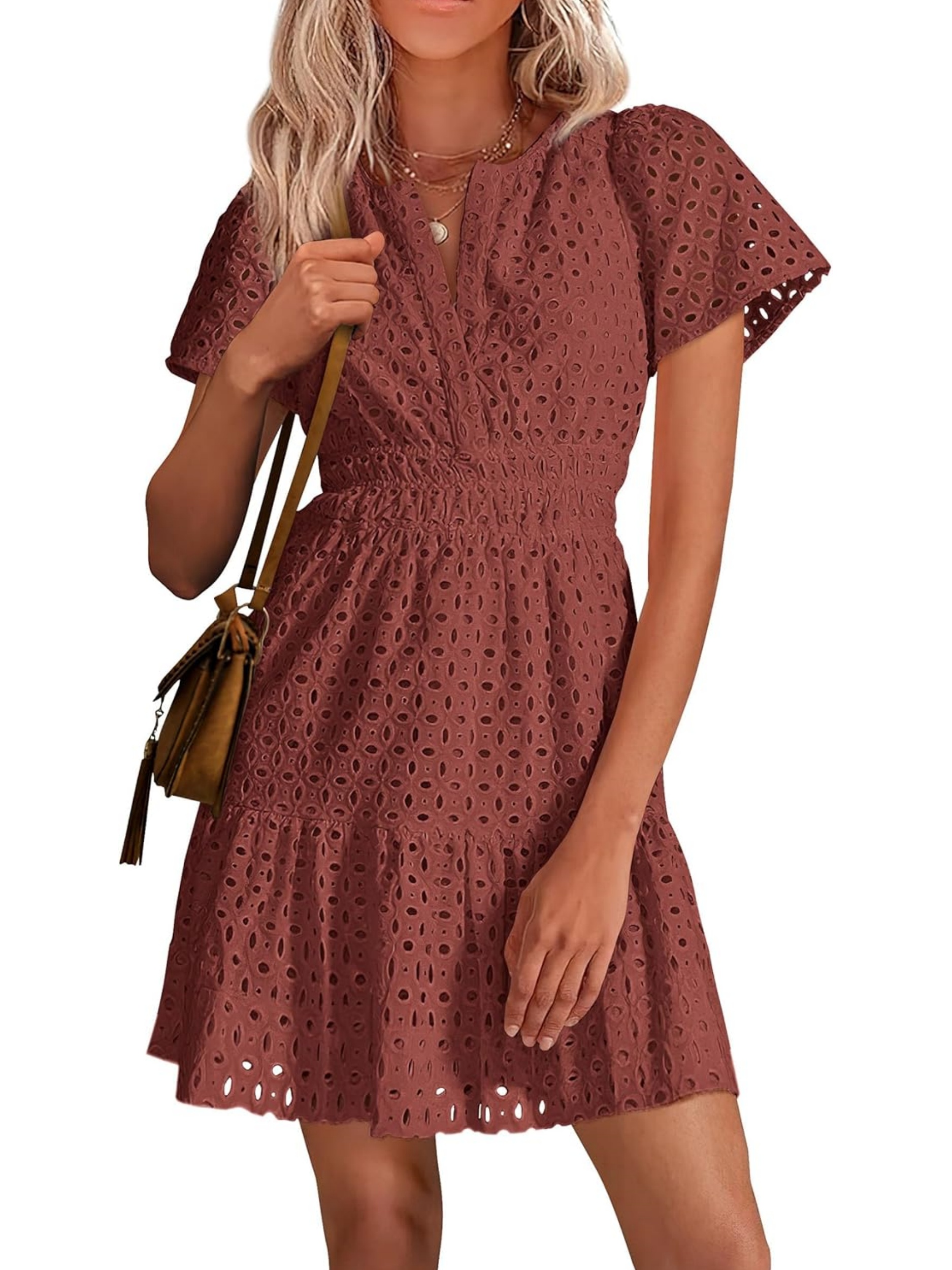 Women’s V Neck Short Sleeve A Line Hollow Out Lace Ruffle Short Dress