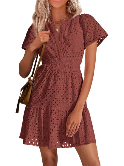 Women’s V Neck Short Sleeve A Line Hollow Out Lace Ruffle Short Dress