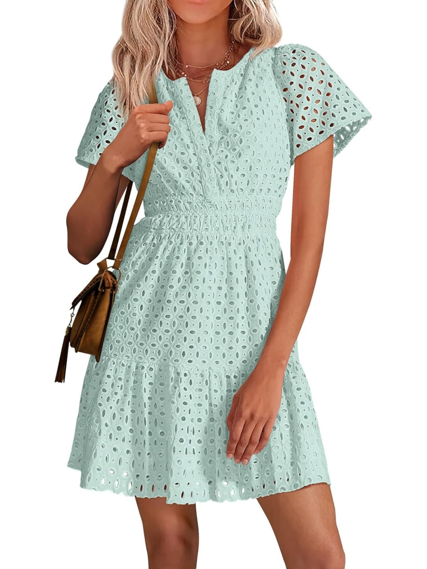 Women’s V Neck Short Sleeve A Line Hollow Out Lace Ruffle Short Dress