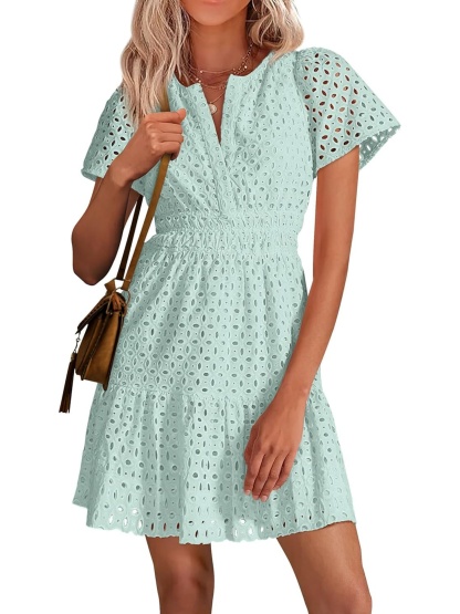 Women’s V Neck Short Sleeve A Line Hollow Out Lace Ruffle Short Dress