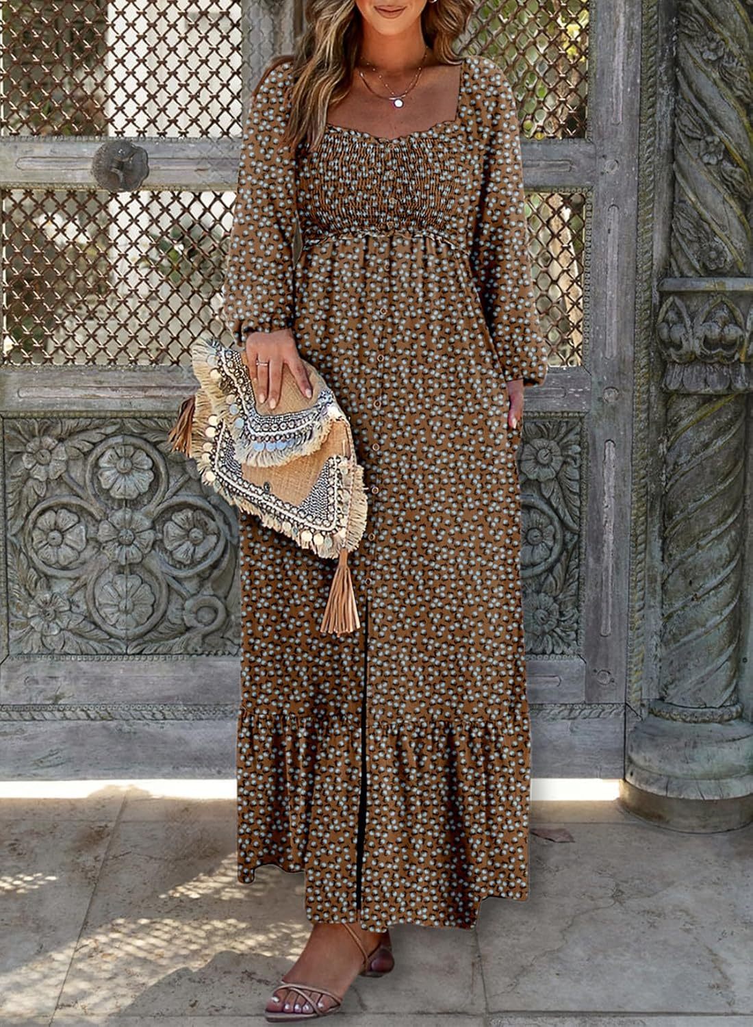 Women's Boho Floral Ruffle Square Neck Maxi Dress（Buy 2 Free Shipping)