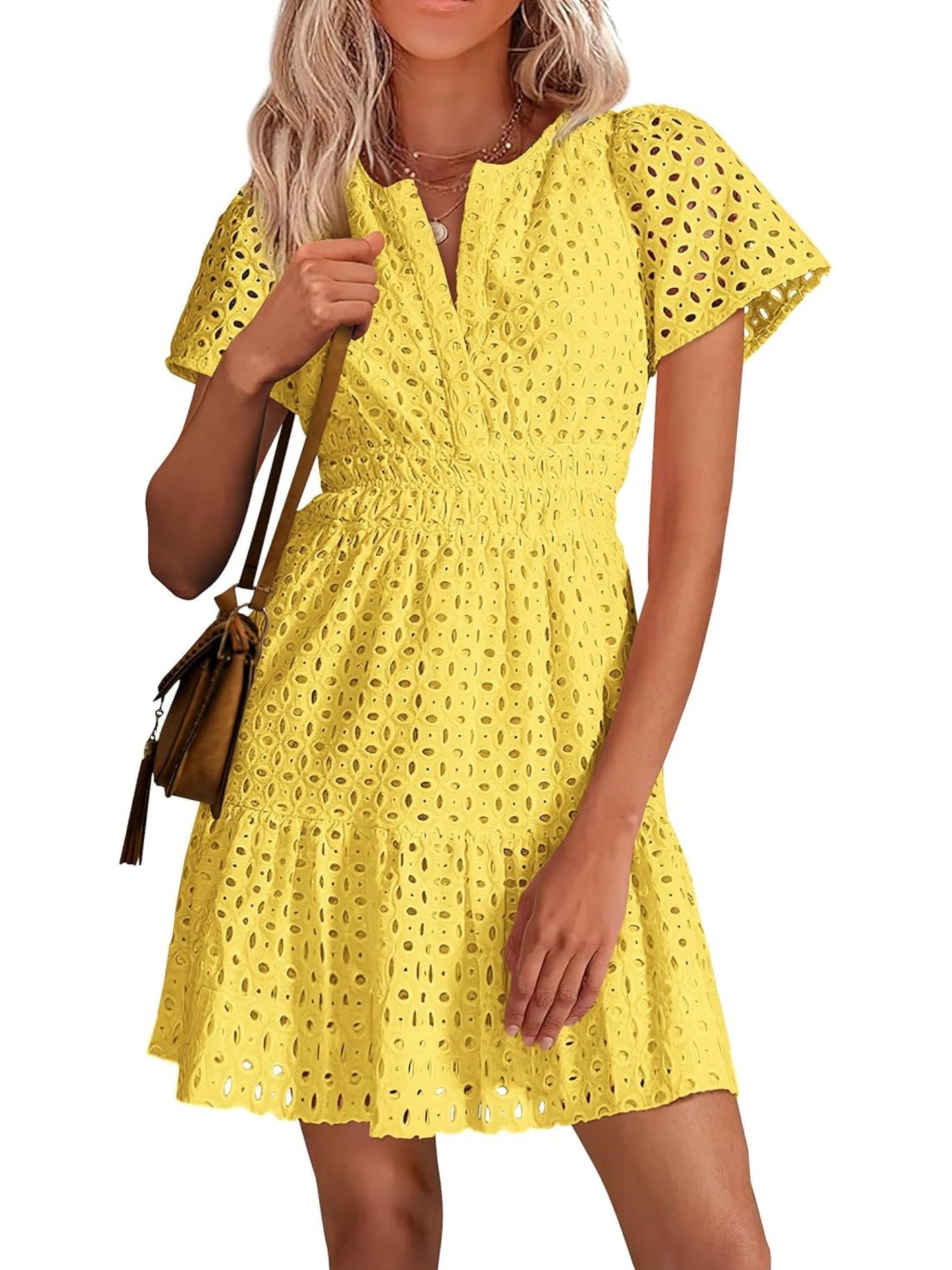 Women’s V Neck Short Sleeve A Line Hollow Out Lace Ruffle Short Dress