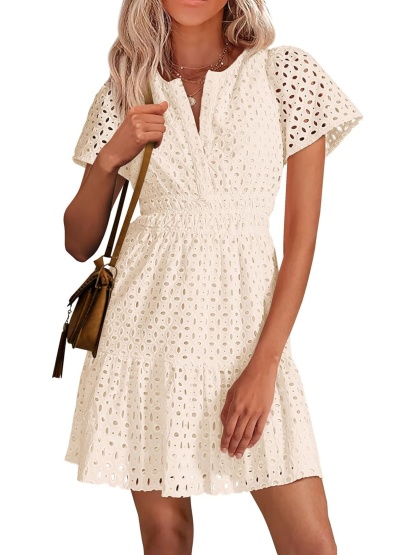 Women’s V Neck Short Sleeve A Line Hollow Out Lace Ruffle Short Dress