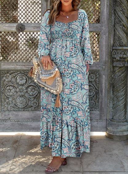 Women's Boho Floral Ruffle Square Neck Maxi Dress（Buy 2 Free Shipping)