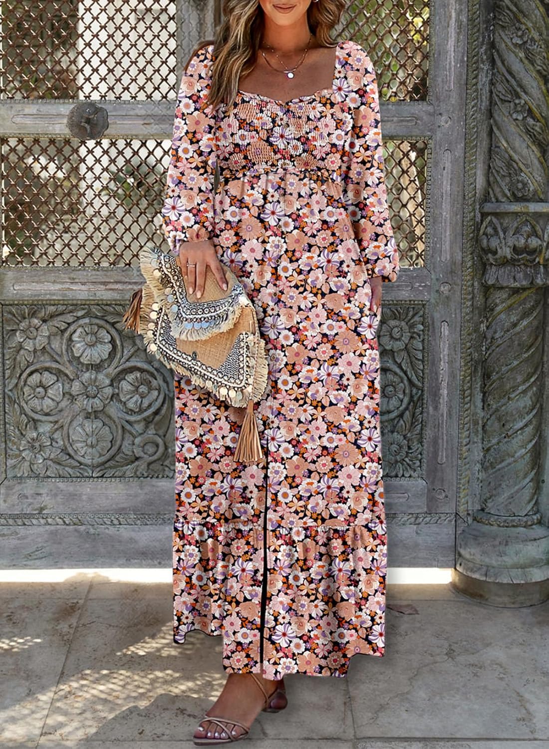 Women's Boho Floral Ruffle Square Neck Maxi Dress（Buy 2 Free Shipping)
