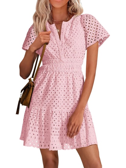 Women’s V Neck Short Sleeve A Line Hollow Out Lace Ruffle Short Dress