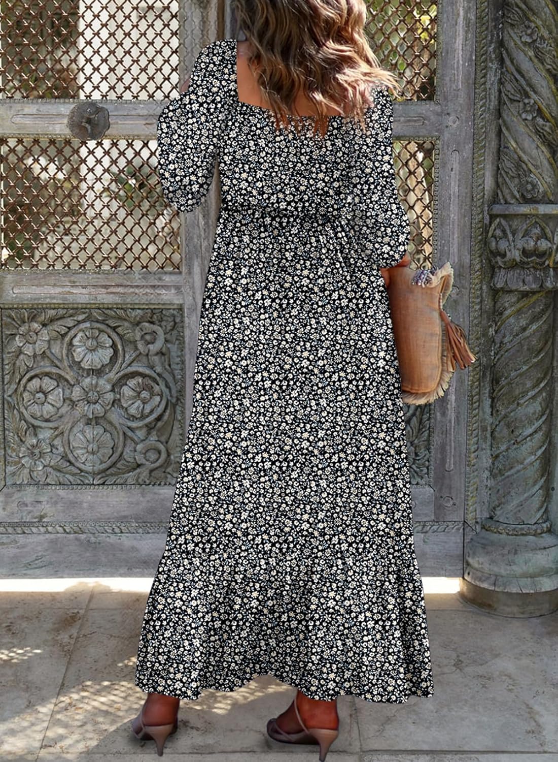 Women's Boho Floral Ruffle Square Neck Maxi Dress（Buy 2 Free Shipping)