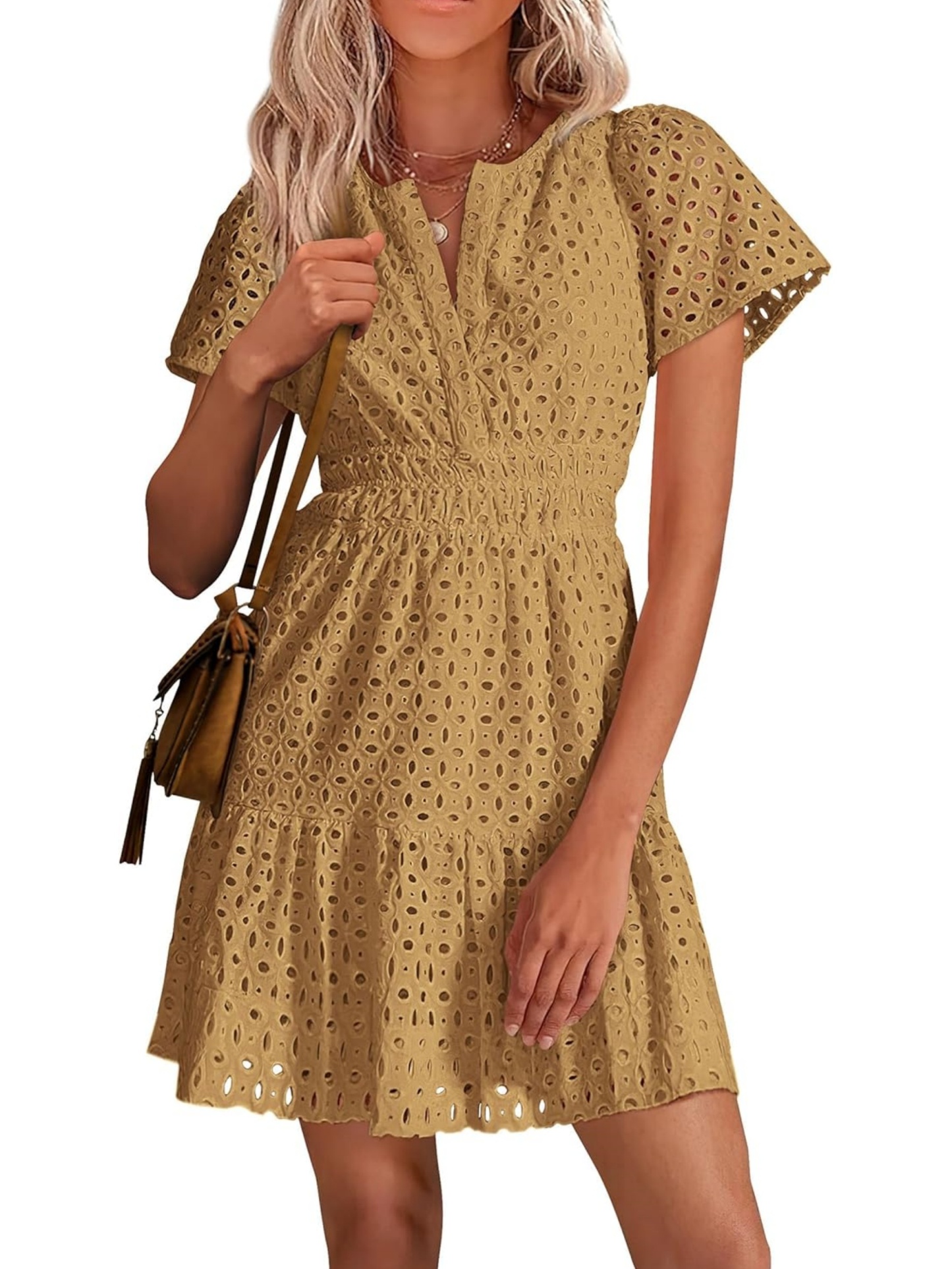 Women’s V Neck Short Sleeve A Line Hollow Out Lace Ruffle Short Dress