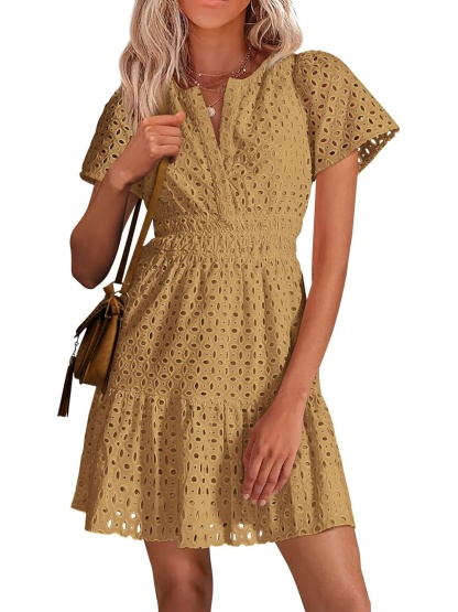 Women’s V Neck Short Sleeve A Line Hollow Out Lace Ruffle Short Dress