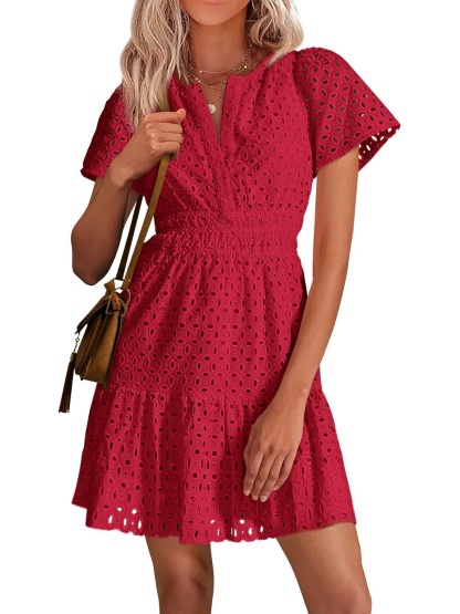 Women’s V Neck Short Sleeve A Line Hollow Out Lace Ruffle Short Dress