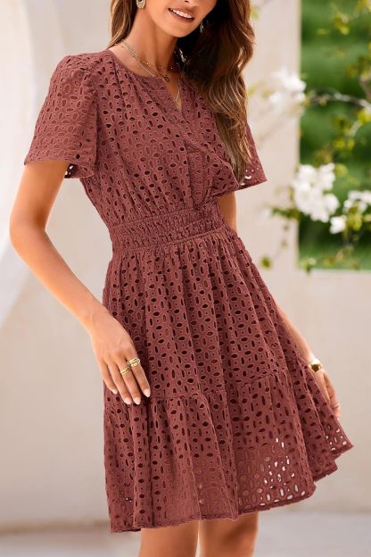 Women’s V Neck Short Sleeve A Line Hollow Out Lace Ruffle Short Dress