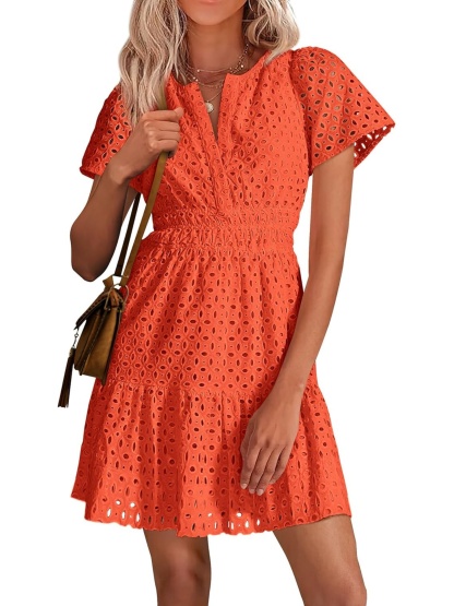 Women’s V Neck Short Sleeve A Line Hollow Out Lace Ruffle Short Dress