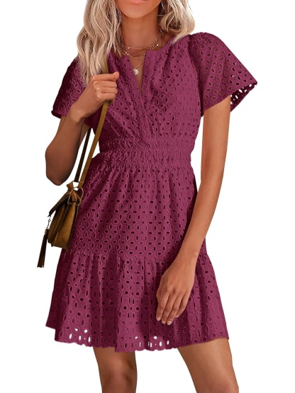 Women’s V Neck Short Sleeve A Line Hollow Out Lace Ruffle Short Dress