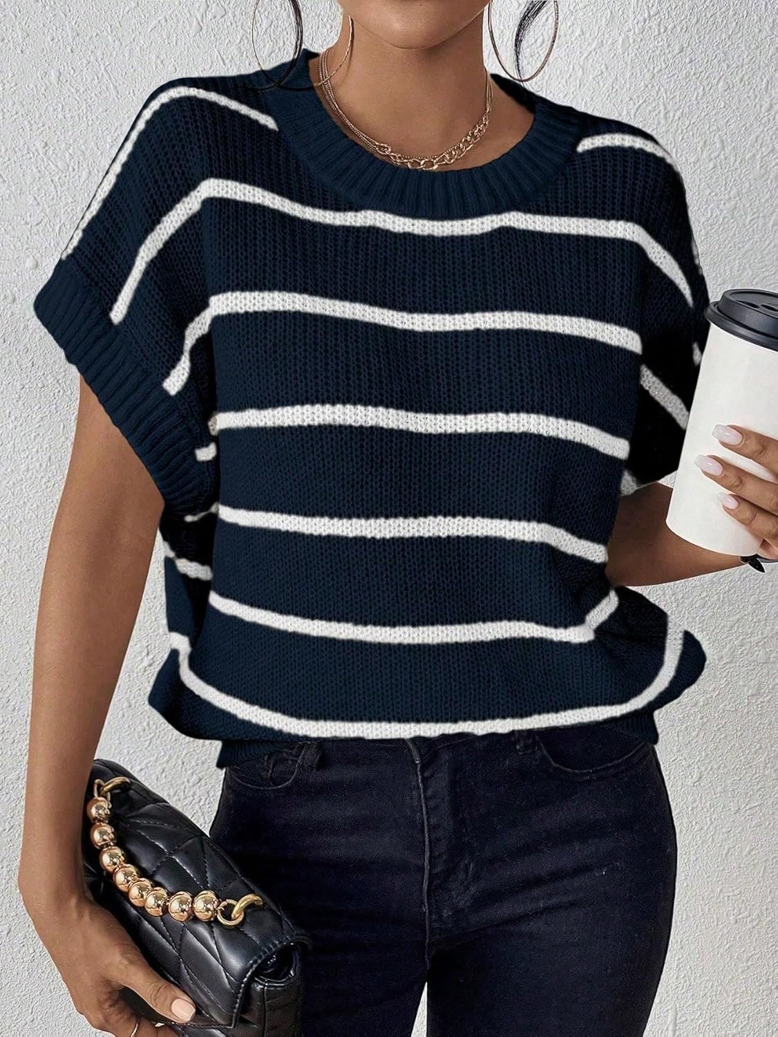 Women's Striped Print Batwing Sleeve Knit Top