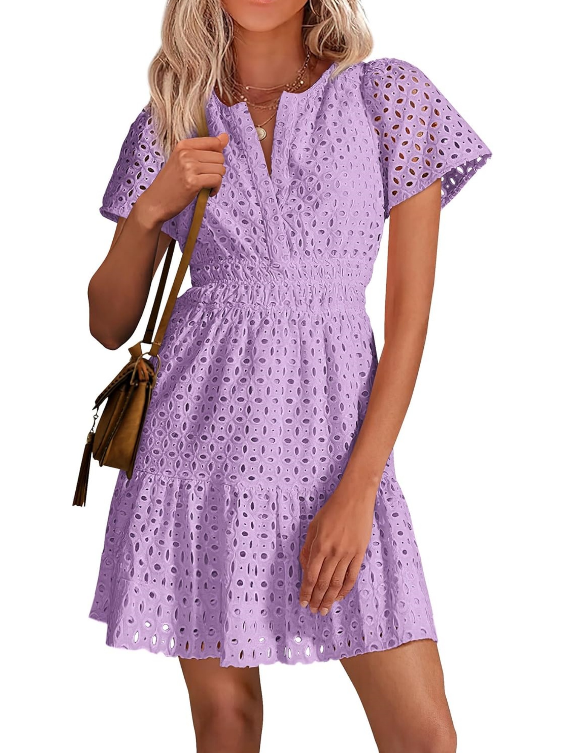 Women’s V Neck Short Sleeve A Line Hollow Out Lace Ruffle Short Dress