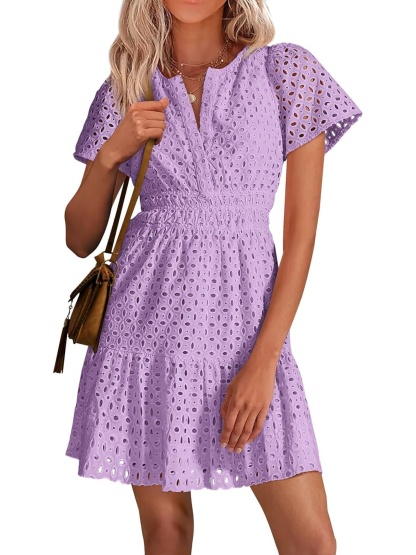 Women’s V Neck Short Sleeve A Line Hollow Out Lace Ruffle Short Dress