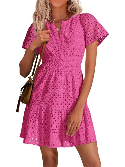 Women’s V Neck Short Sleeve A Line Hollow Out Lace Ruffle Short Dress