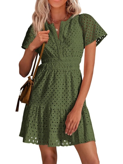 Women’s V Neck Short Sleeve A Line Hollow Out Lace Ruffle Short Dress