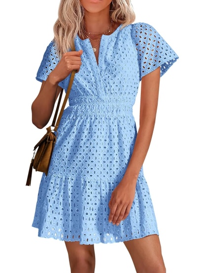 Women’s V Neck Short Sleeve A Line Hollow Out Lace Ruffle Short Dress