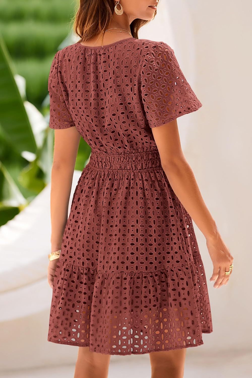 Women’s V Neck Short Sleeve A Line Hollow Out Lace Ruffle Short Dress