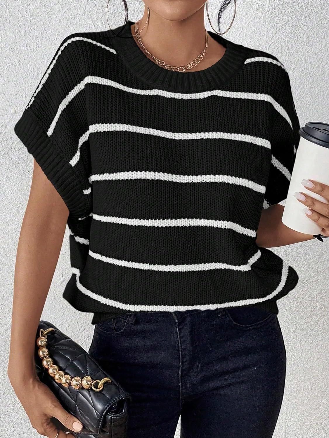 Women's Striped Print Batwing Sleeve Knit Top