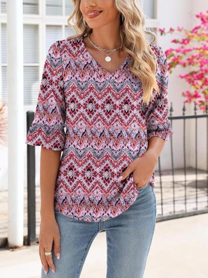 Womens 3/4 Length Sleeve V-Neck Eyelet Casual Ruffle Sleeve Tunic Blouses
