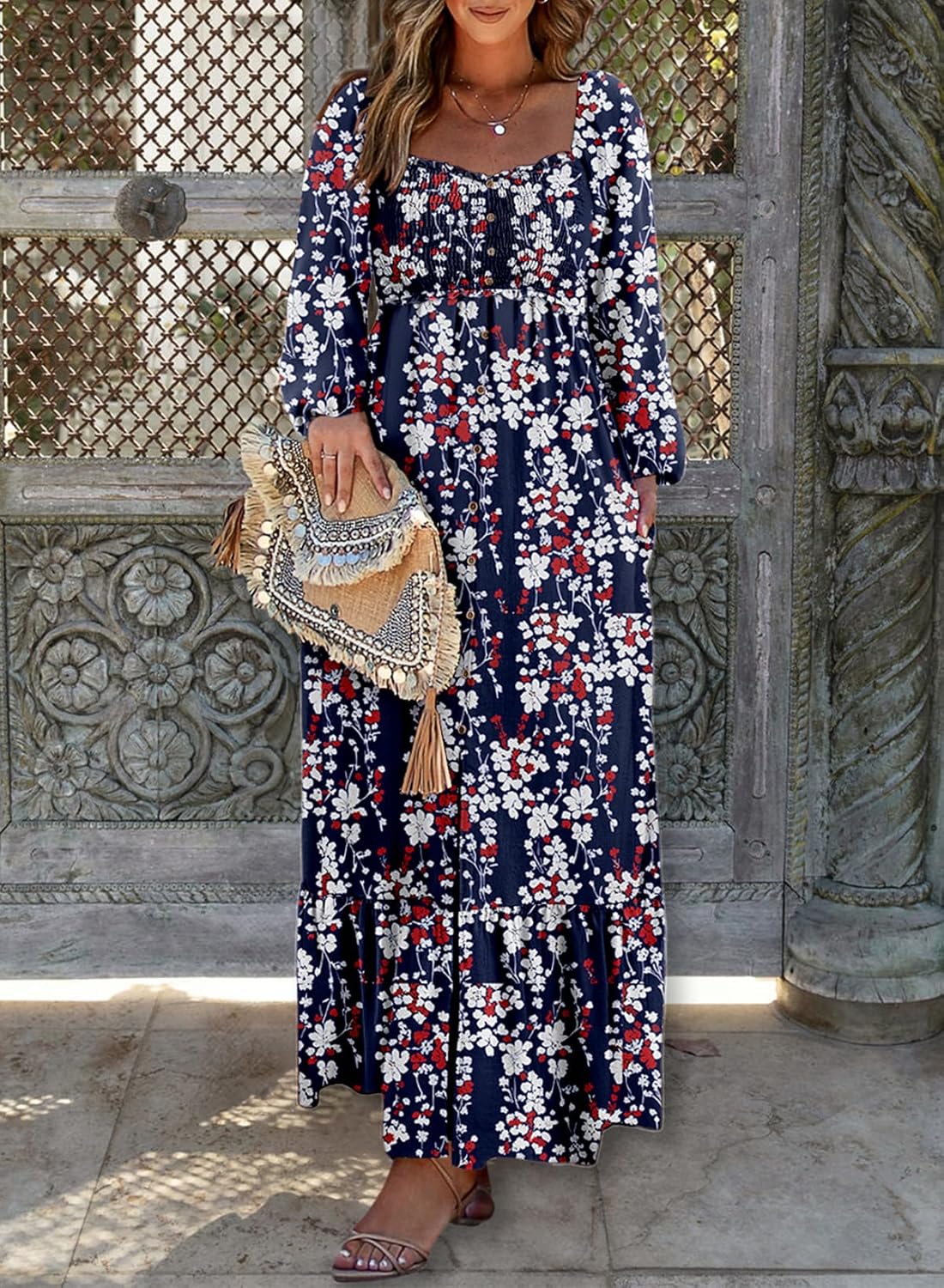 Women's Boho Floral Ruffle Square Neck Maxi Dress（Buy 2 Free Shipping)