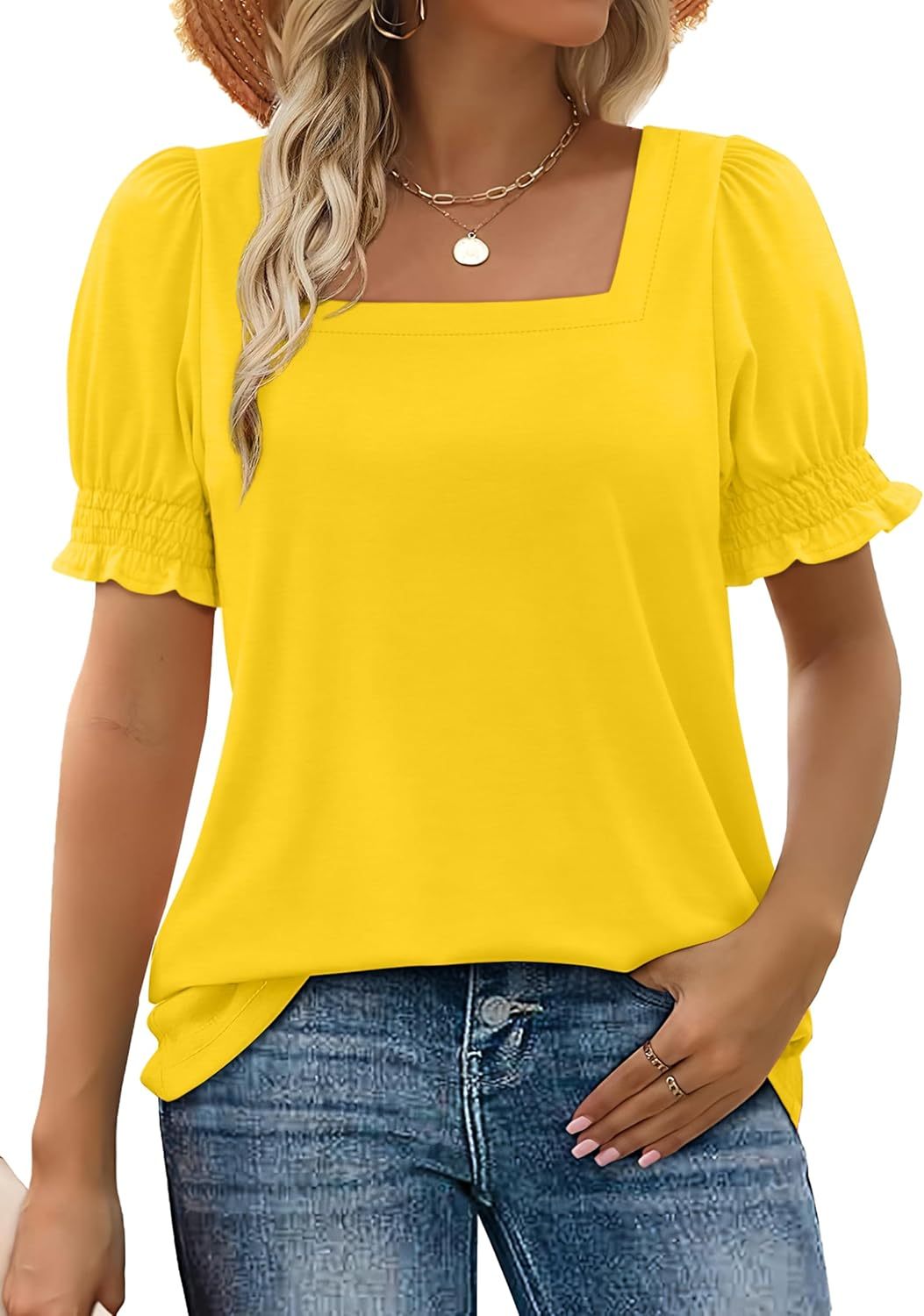 ✨Women Casual Ruffle Trim Sleeve Square Neck T Shirts(Buy 3 Free Shipping)