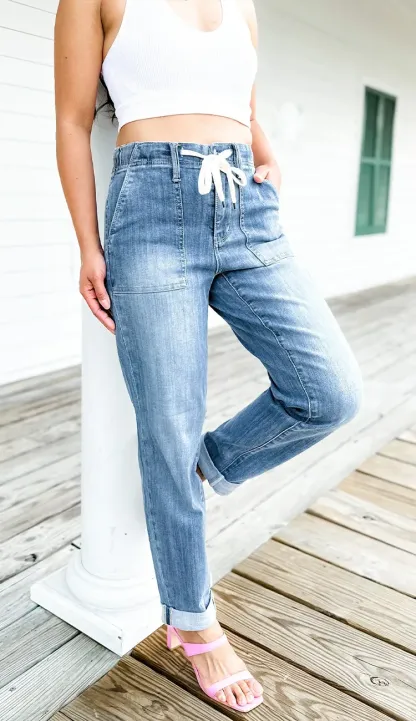 Women's Pull On Denim Joggers (Buy 2 Free Shipping)-Pink Laura