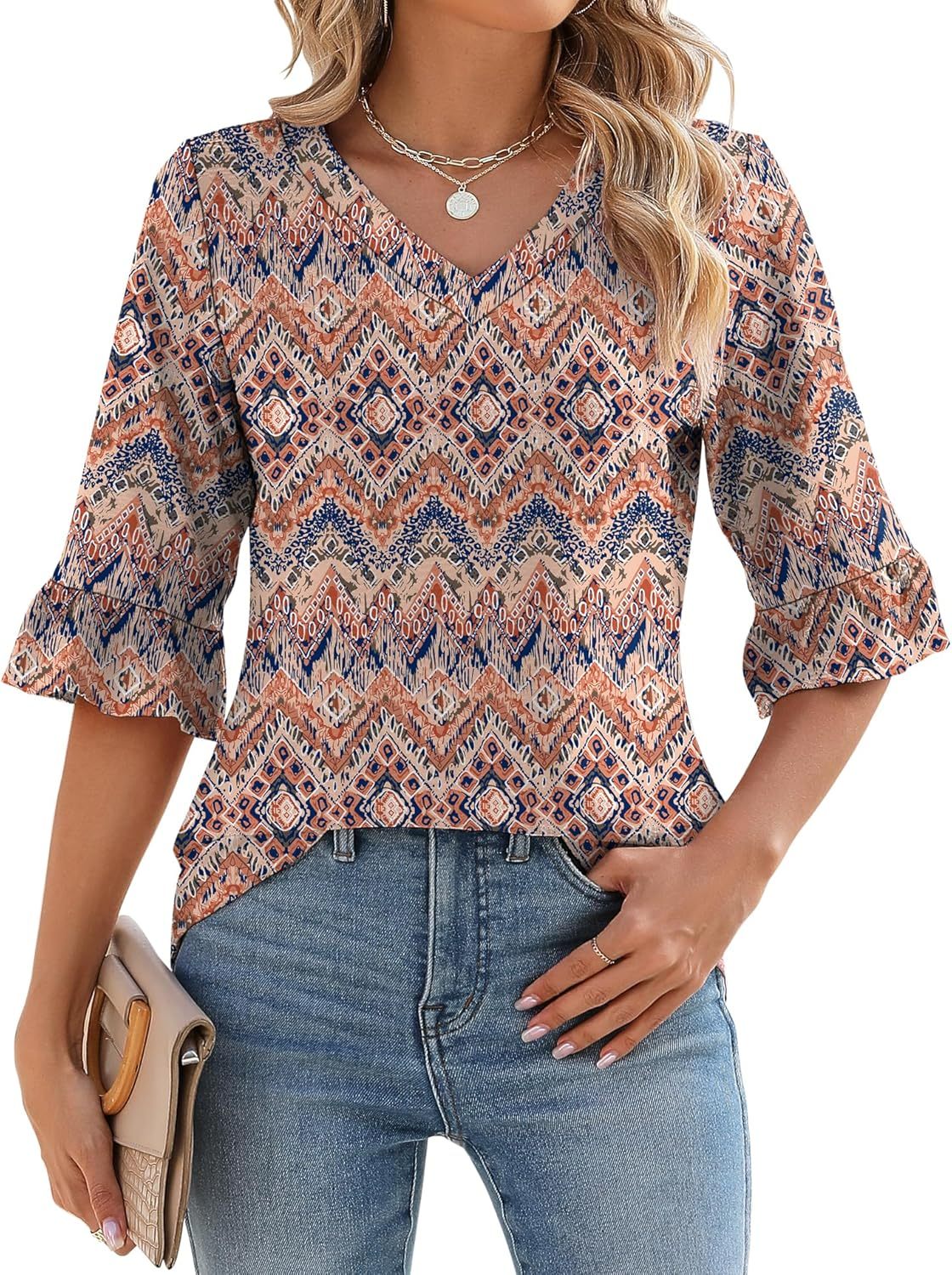 Womens 3/4 Length Sleeve V-Neck Eyelet Casual Ruffle Sleeve Tunic Blouses