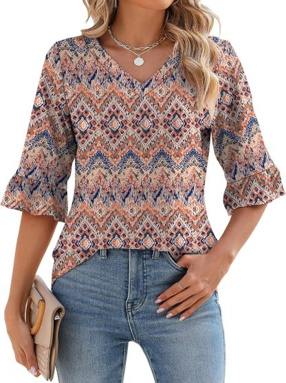 Womens 3/4 Length Sleeve V-Neck Eyelet Casual Ruffle Sleeve Tunic Blouses
