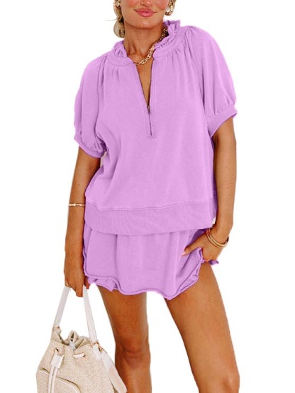 Women’s Puff Sleeve V-Neck Top and Ruffle Hem Skort Set