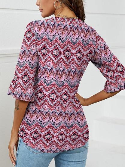 Womens 3/4 Length Sleeve V-Neck Eyelet Casual Ruffle Sleeve Tunic Blouses