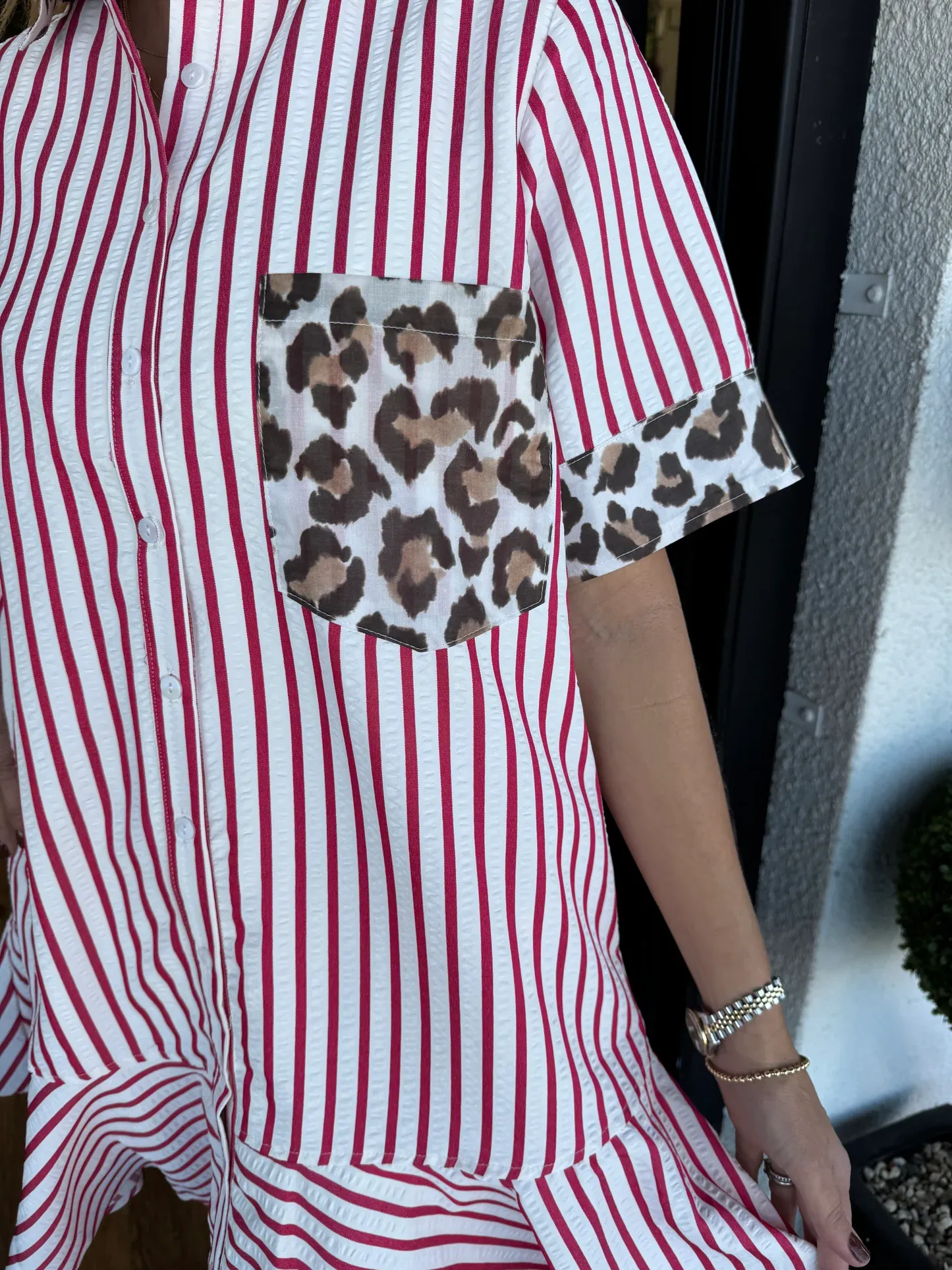 Women's Striped Animal Print Contrast Button Down Dress