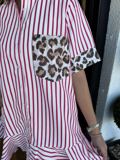 Women's Striped Animal Print Contrast Button Down Dress