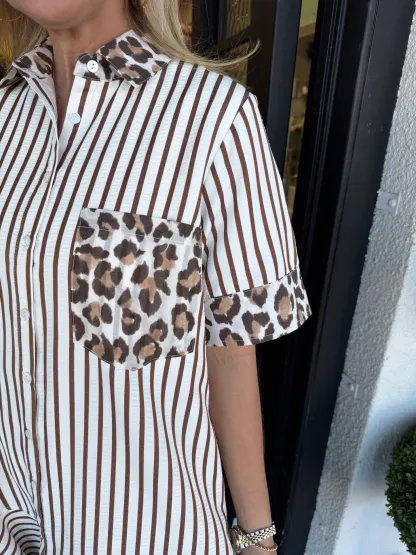 Women's Striped Animal Print Contrast Button Down Dress
