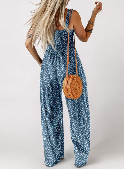 Womens Overalls Casual Floral Print Sleeveless Jumpsuit with Pockets