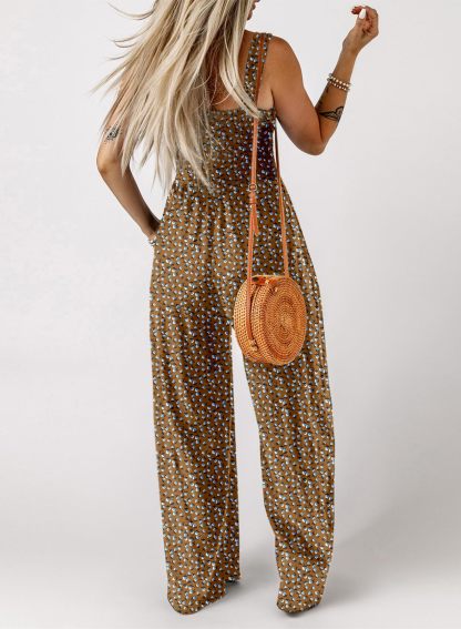 Womens Overalls Casual Floral Print Sleeveless Jumpsuit with Pockets