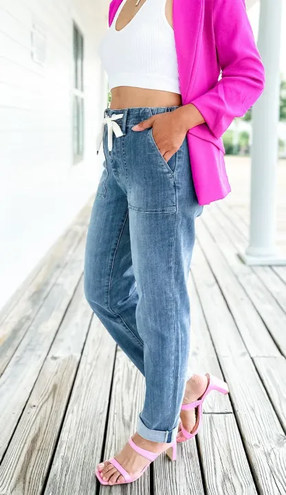 Women's Pull On Denim Joggers (Buy 2 Free Shipping)-Pink Laura
