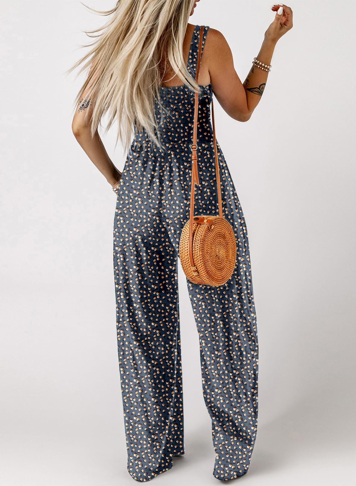 Womens Overalls Casual Floral Print Sleeveless Jumpsuit with Pockets