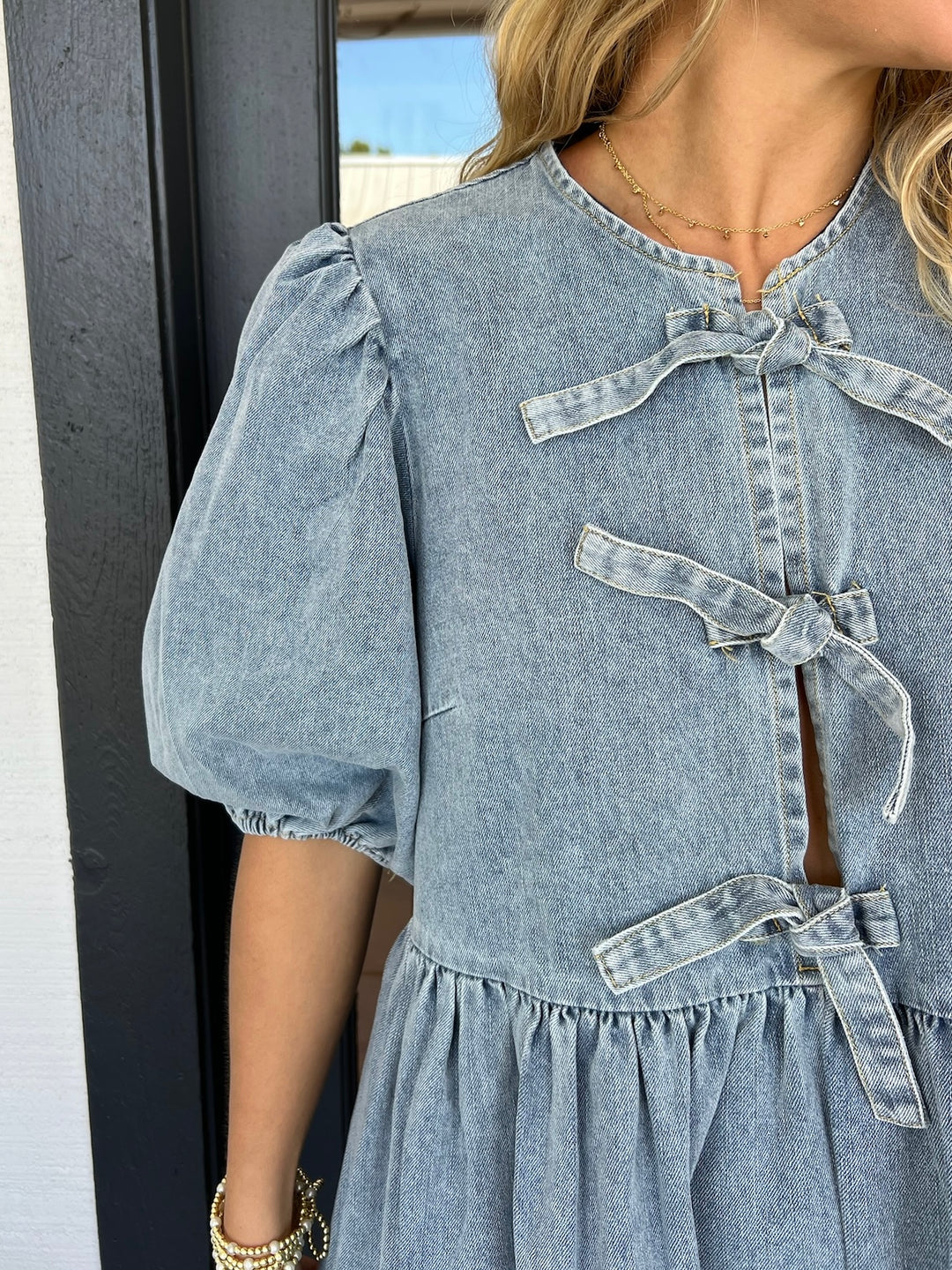 Bow Tie Puff Sleeve Denim Dress(Buy 2 Free Shipping)