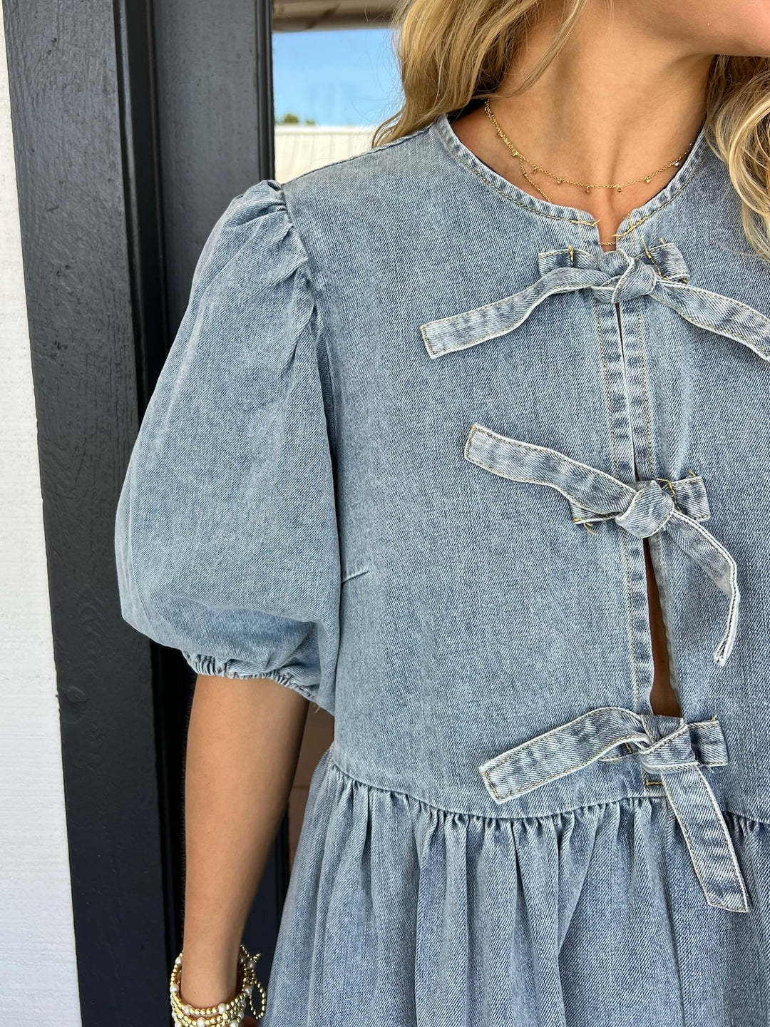 Bow Tie Puff Sleeve Denim Dress(Buy 2 Free Shipping)