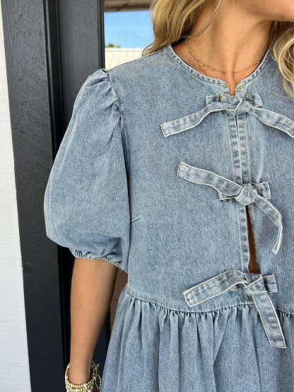 Bow Tie Puff Sleeve Denim Dress(Buy 2 Free Shipping)