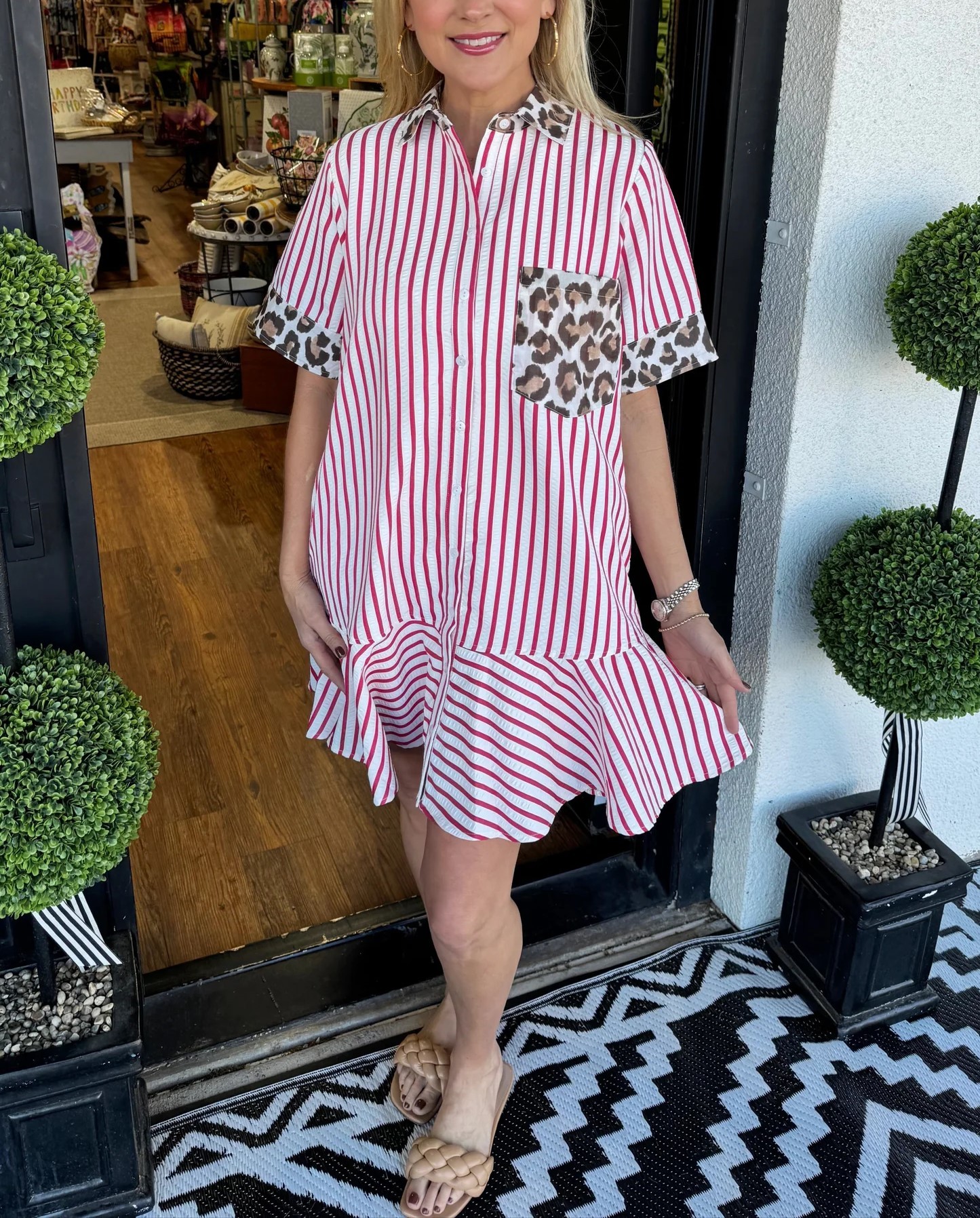 Striped With Leopard Print Contrast Button Down Dress