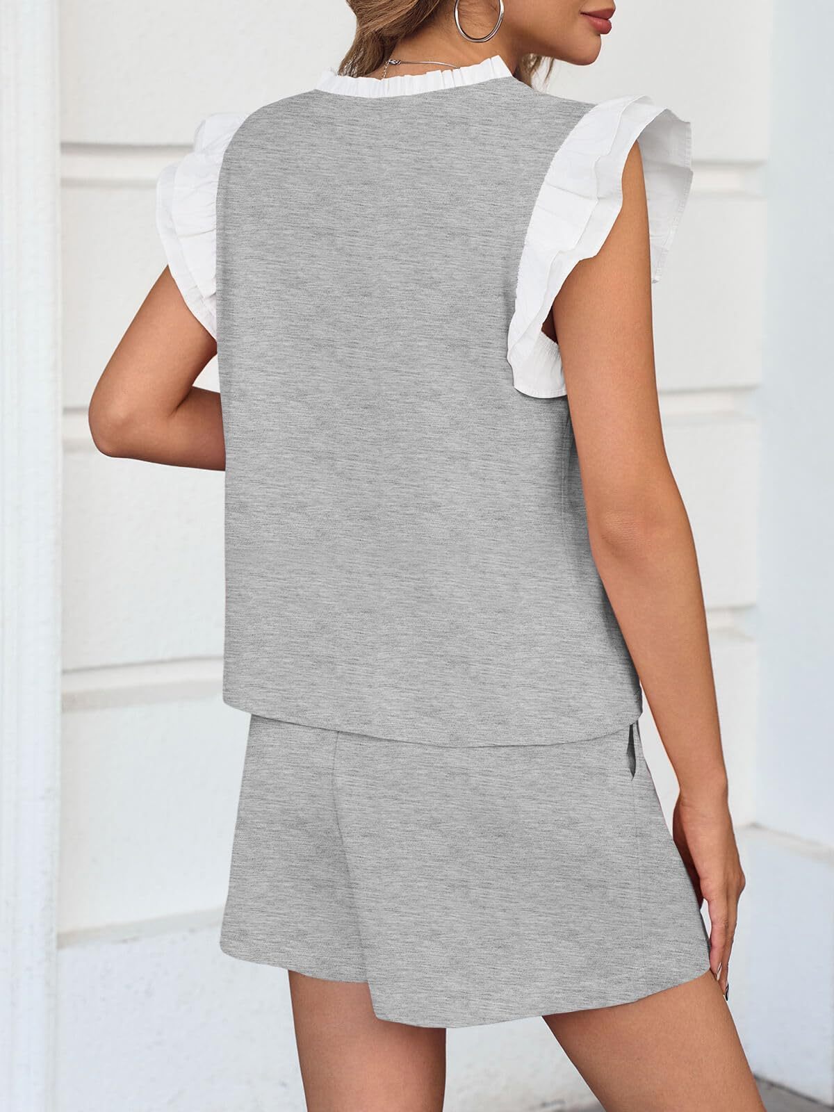 Womens V Neck Ruffle Cap Sleeve Tops and Shorts Lounge Sets(Buy 2 Free Shipping)