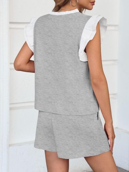 Womens V Neck Ruffle Cap Sleeve Tops and Shorts Lounge Sets(Buy 2 Free Shipping)