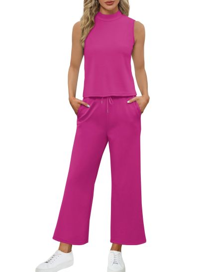 Women's Mock Neck Tops Wide Leg Crop Pants Two Piece Sets